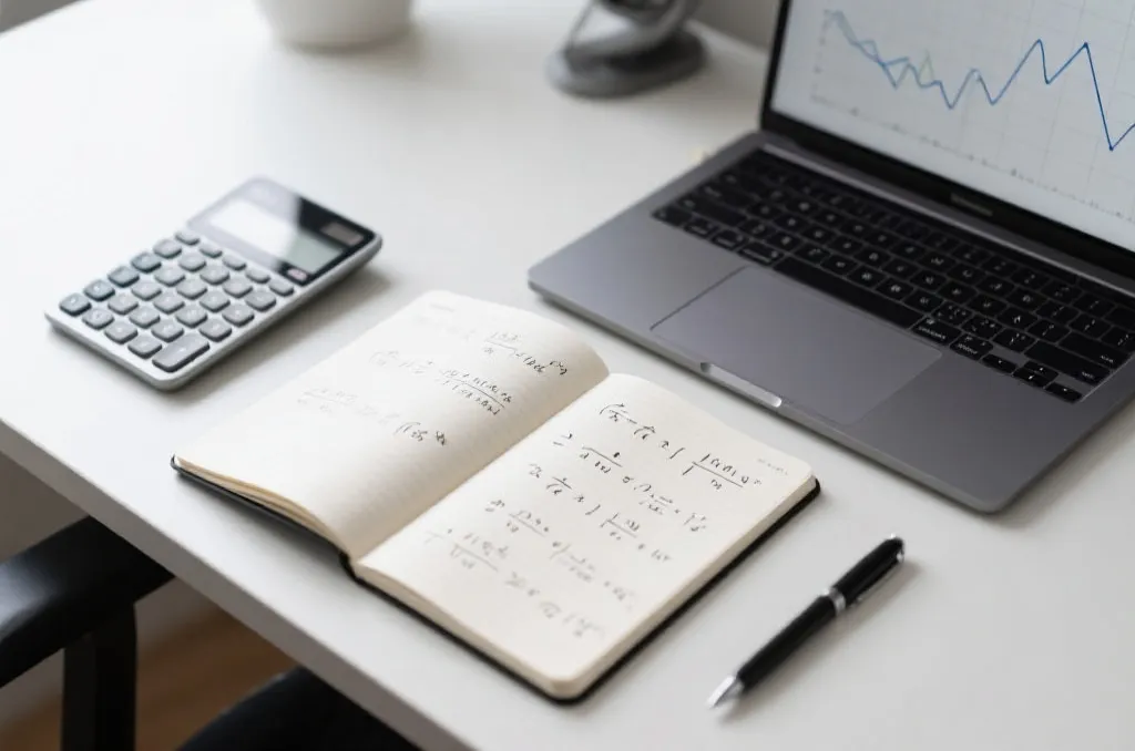 A clean workspace with a notebook, calculator, and laptop displaying abstract mathematical charts and graphs